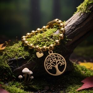 24K Gold Plated Chunky Statement Beaded Bracelet Tree of Life Heart Charm